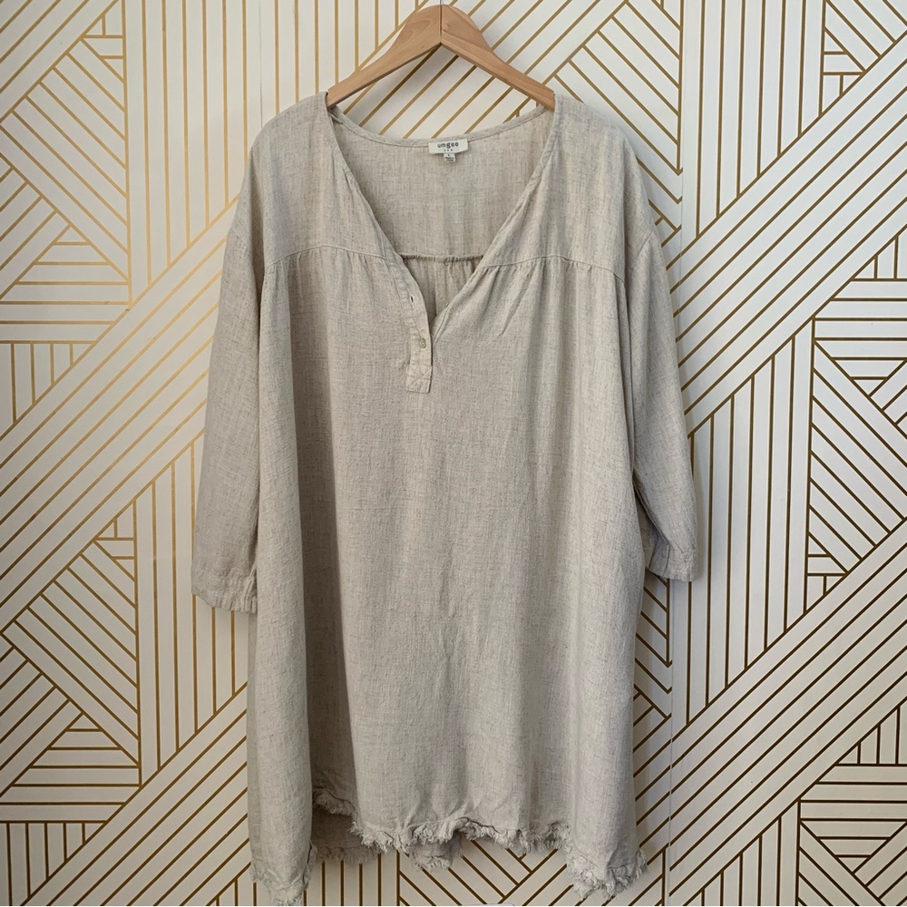 Umgee Cotton Linen Blend Frayed raw Hem 3/4 Sleeve Tunic style cream ecru Dress